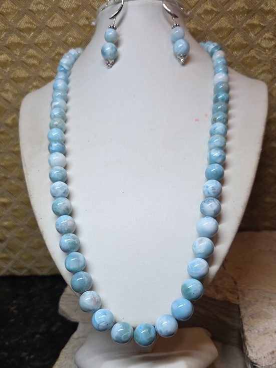 Hand Crafted Jewelry - Sterling Silver Genuine Larimar Beaded Necklace and Earrings Set